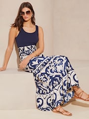 Lipsy Navy Blue Printed Hybrid Shirred Waist Summer Holiday Maxi Dress - Image 1 of 4