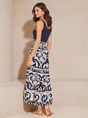 Lipsy Navy Blue Printed Hybrid Shirred Waist Summer Holiday Maxi Dress - Image 2 of 4