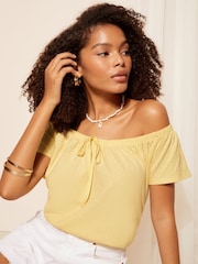 Friends Like These Yellow Linen Look Cotton Slubby Tie Neck T-Shirt - Image 1 of 4