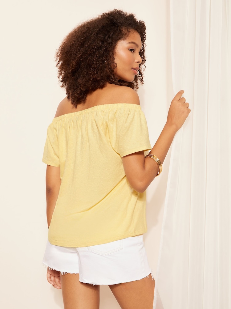 Friends Like These Yellow Linen Look Cotton Slubby Tie Neck T-Shirt - Image 4 of 4