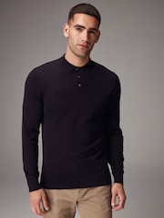 Black Regular Fit Knitted Long Sleeve Polo Shirt - Image 1 of 8