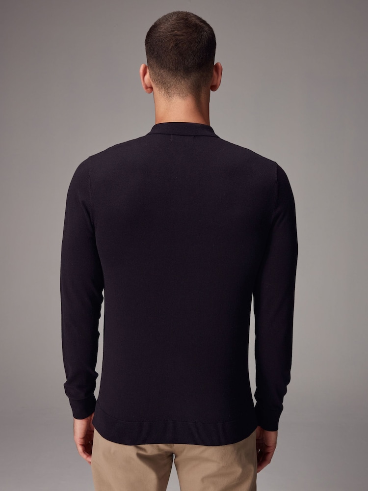 Black Regular Fit Knitted Long Sleeve Polo Shirt - Image 3 of 8