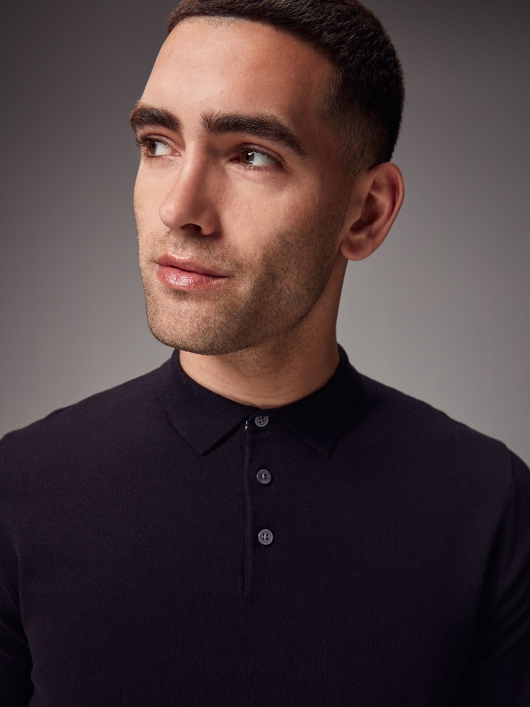 Black Regular Fit Knitted Long Sleeve Polo Shirt - Image 5 of 8