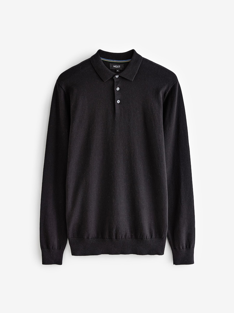 Black Regular Fit Knitted Long Sleeve Polo Shirt - Image 6 of 8
