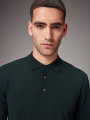 Green Dark Regular Fit Knitted Long Sleeve Polo Shirt - Image 1 of 8