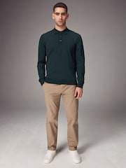 Green Dark Regular Fit Knitted Long Sleeve Polo Shirt - Image 2 of 8
