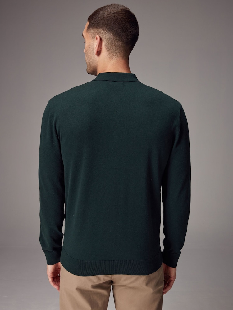 Green Dark Regular Fit Knitted Long Sleeve Polo Shirt - Image 3 of 8