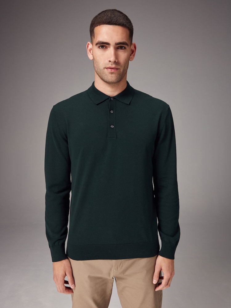 Green Dark Regular Fit Knitted Long Sleeve Polo Shirt - Image 4 of 8