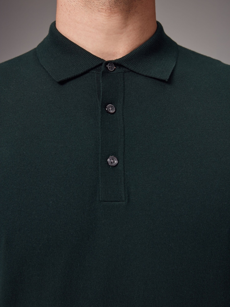 Green Dark Regular Fit Knitted Long Sleeve Polo Shirt - Image 5 of 8