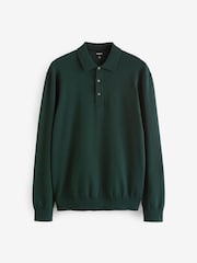 Green Dark Regular Fit Knitted Long Sleeve Polo Shirt - Image 6 of 8