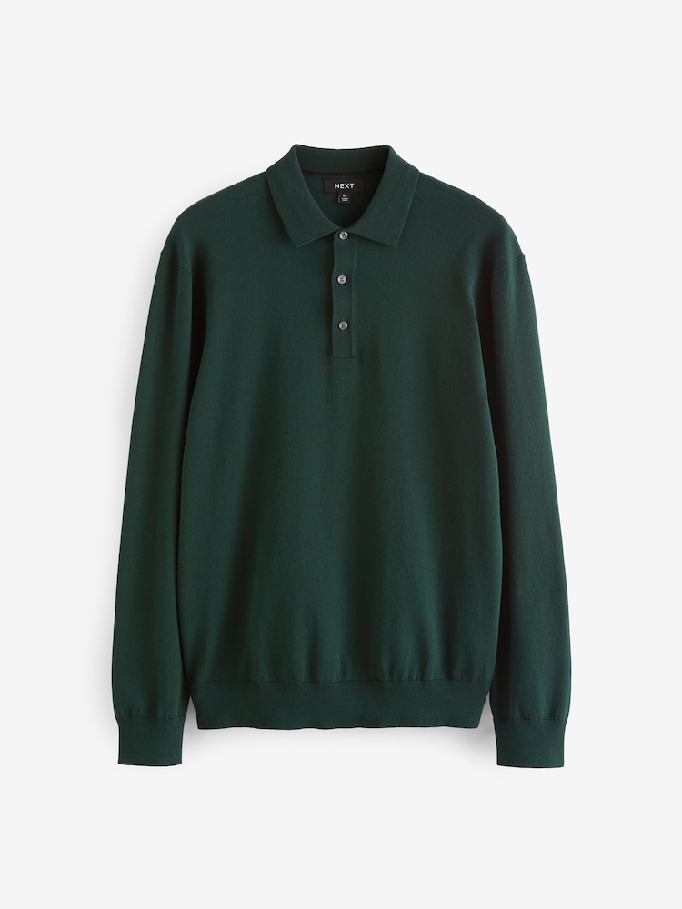 Green Dark Regular Fit Knitted Long Sleeve Polo Shirt - Image 6 of 8