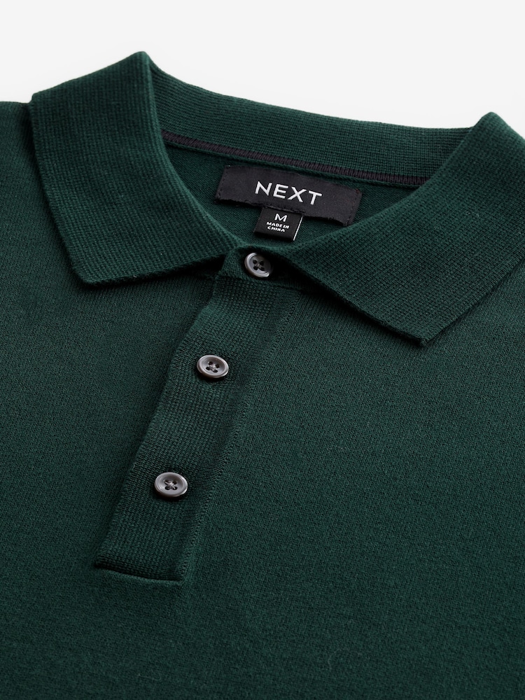 Green Dark Regular Fit Knitted Long Sleeve Polo Shirt - Image 7 of 8