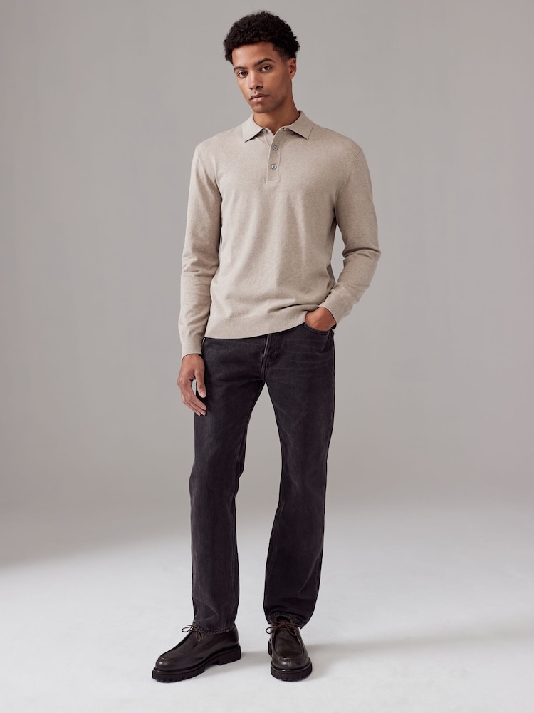 Neutral Regular Fit Knitted Long Sleeve Polo Shirt - Image 3 of 7