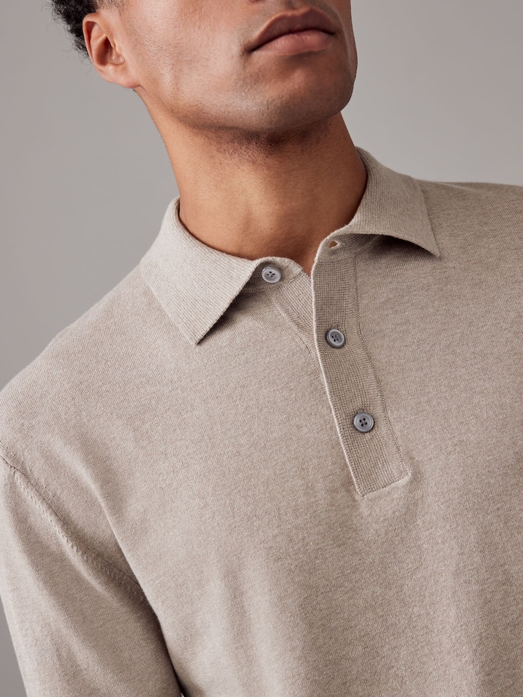 Neutral Regular Fit Knitted Long Sleeve Polo Shirt - Image 4 of 7