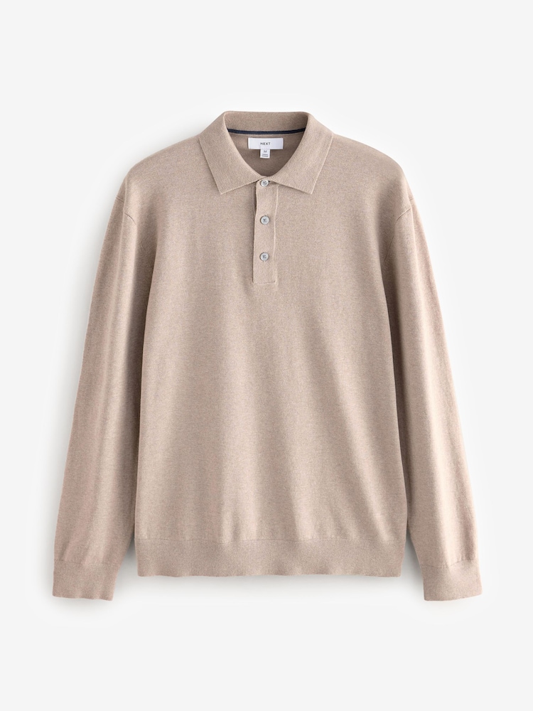 Neutral Regular Fit Knitted Long Sleeve Polo Shirt - Image 5 of 7
