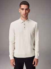 White Ecru Regular Fit Knitted Long Sleeve Polo Shirt - Image 1 of 8