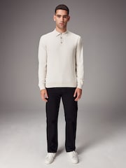 White Ecru Regular Fit Knitted Long Sleeve Polo Shirt - Image 2 of 8