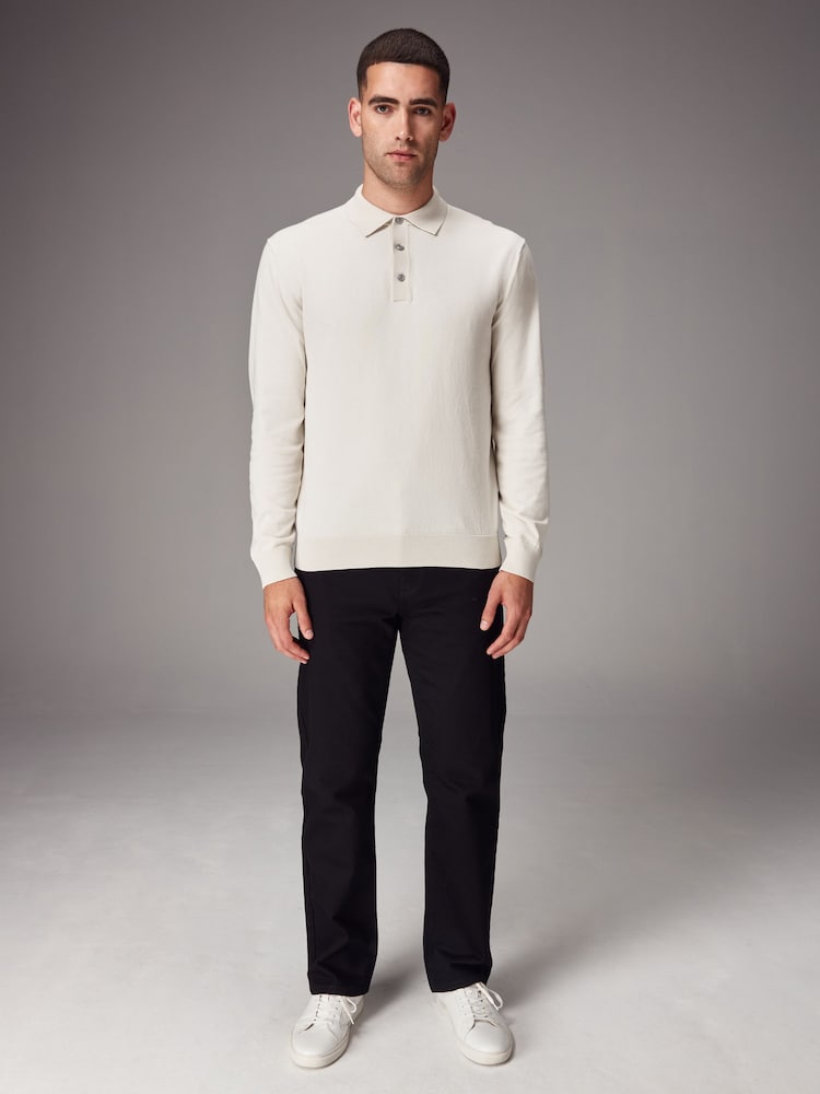 White Ecru Regular Fit Knitted Long Sleeve Polo Shirt - Image 2 of 8