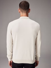 White Ecru Regular Fit Knitted Long Sleeve Polo Shirt - Image 3 of 8