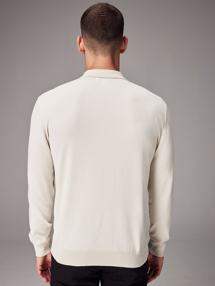 White Ecru Regular Fit Knitted Long Sleeve Polo Shirt - Image 3 of 8