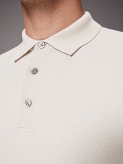 White Ecru Regular Fit Knitted Long Sleeve Polo Shirt - Image 4 of 8