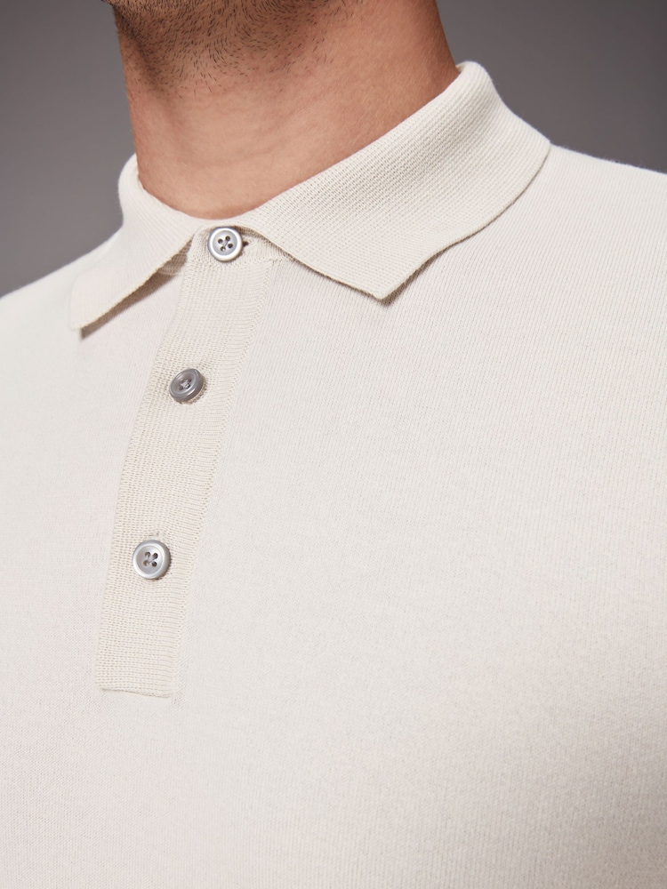 White Ecru Regular Fit Knitted Long Sleeve Polo Shirt - Image 4 of 8