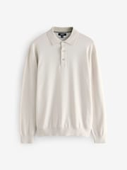 White Ecru Regular Fit Knitted Long Sleeve Polo Shirt - Image 6 of 8