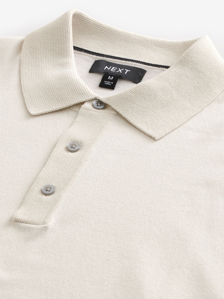 White Ecru Regular Fit Knitted Long Sleeve Polo Shirt - Image 7 of 8