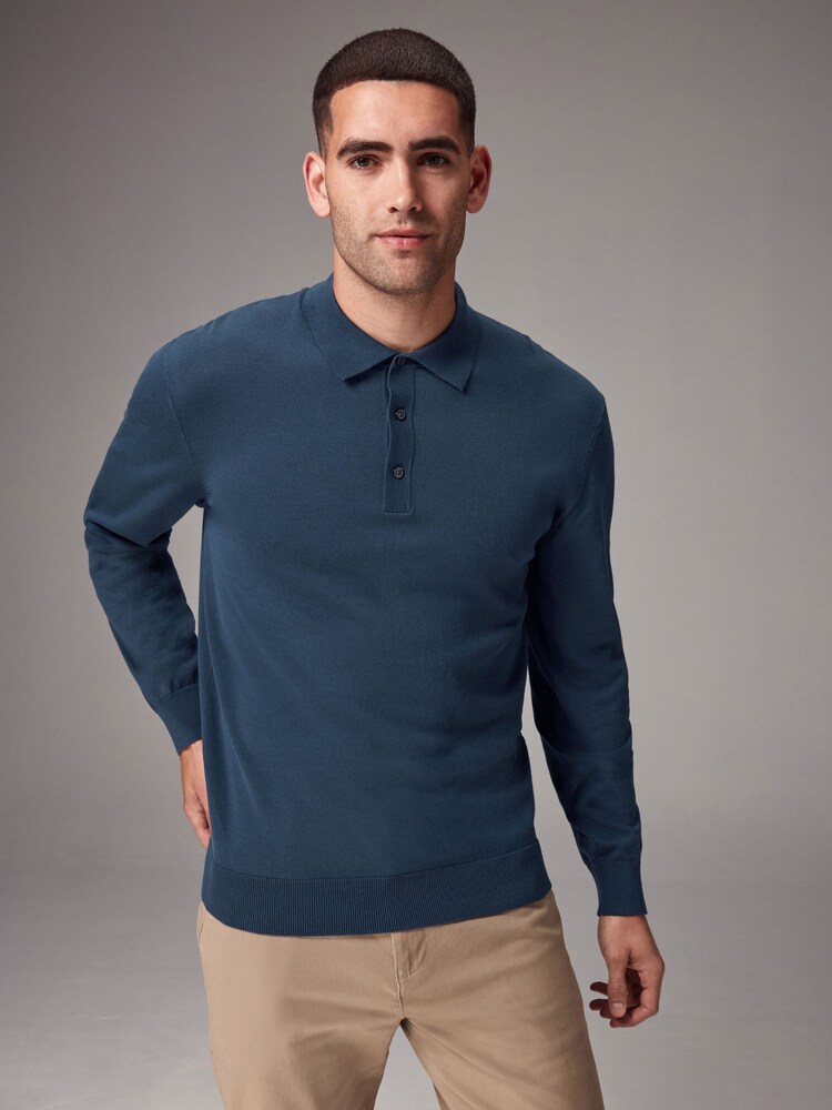 أزرق على رمادي - قميص بولو منسوج بكم طويل - صورة 1 من 1