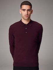 Red Burgundy Regular Fit Knitted Long Sleeve Polo Shirt - Image 1 of 8