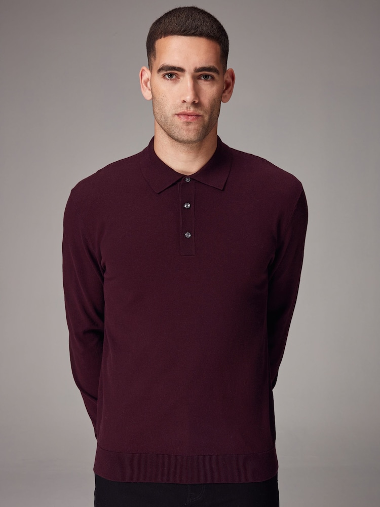 Rot, Burgunder - Langärmeliges Polo-Shirt aus Feinstrick - Bild 1 von 8 Rot, Burgunder - Langärmeliges Polo-Shirt aus Feinstrick - Bild 1 von 8
