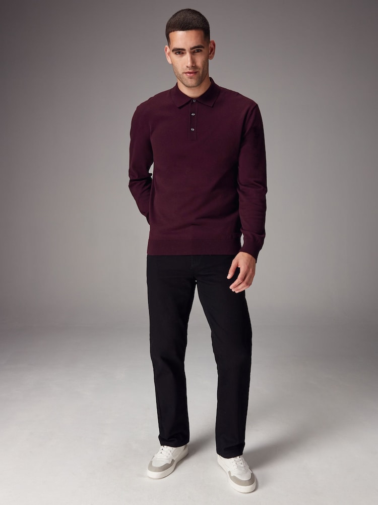 Red Burgundy Regular Fit Knitted Long Sleeve Polo Shirt - Image 2 of 8