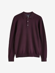 Red Burgundy Regular Fit Knitted Long Sleeve Polo Shirt - Image 6 of 8
