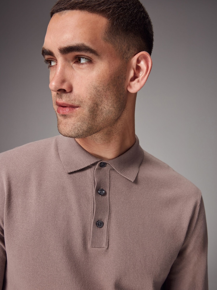 Stone Dark Regular Fit Knitted Long Sleeve Polo Shirt - Image 4 of 8