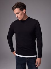 Black Plain Regular Fit Cotton Rich Crew Jumper - Image 1 of 7