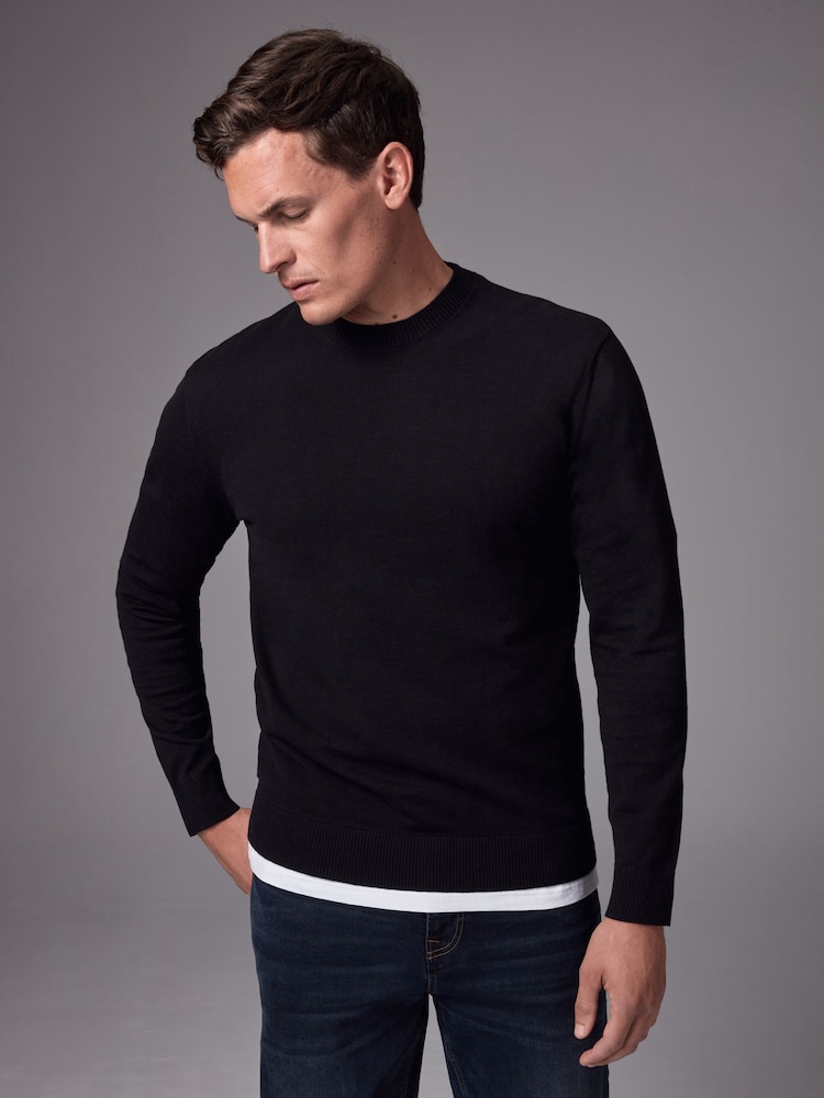 Black Plain Regular Fit Cotton Rich Crew Jumper - Image 1 of 7