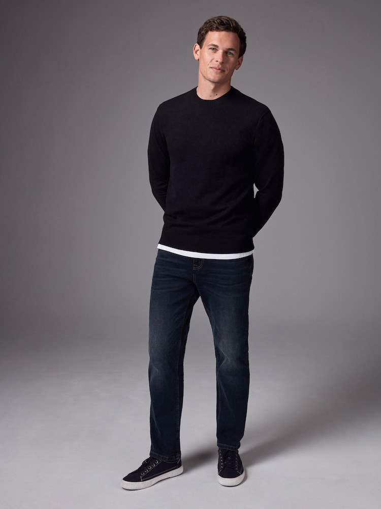 Black Plain Regular Fit Cotton Rich Crew Jumper - Image 2 of 7