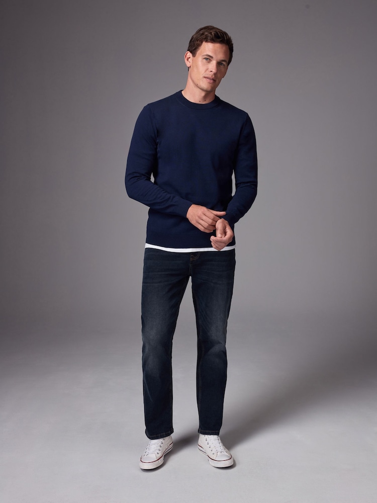 Navy Blue Plain Regular Fit Cotton Rich Crew Jumper - Image 2 of 8