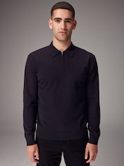 Black Knitted Long Sleeve Quarter Zip Polo Shirt - Image 1 of 8