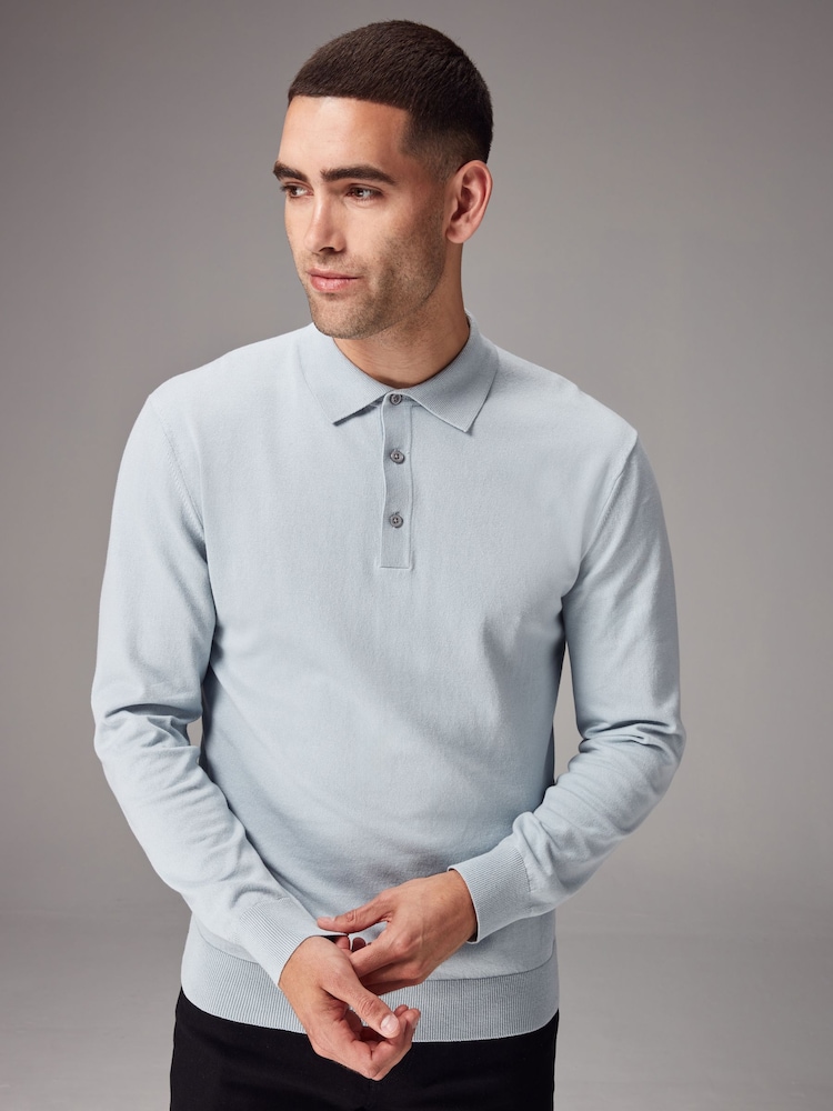 Blue Light Regular Fit Knitted Long Sleeve Polo Shirt - Image 1 of 8