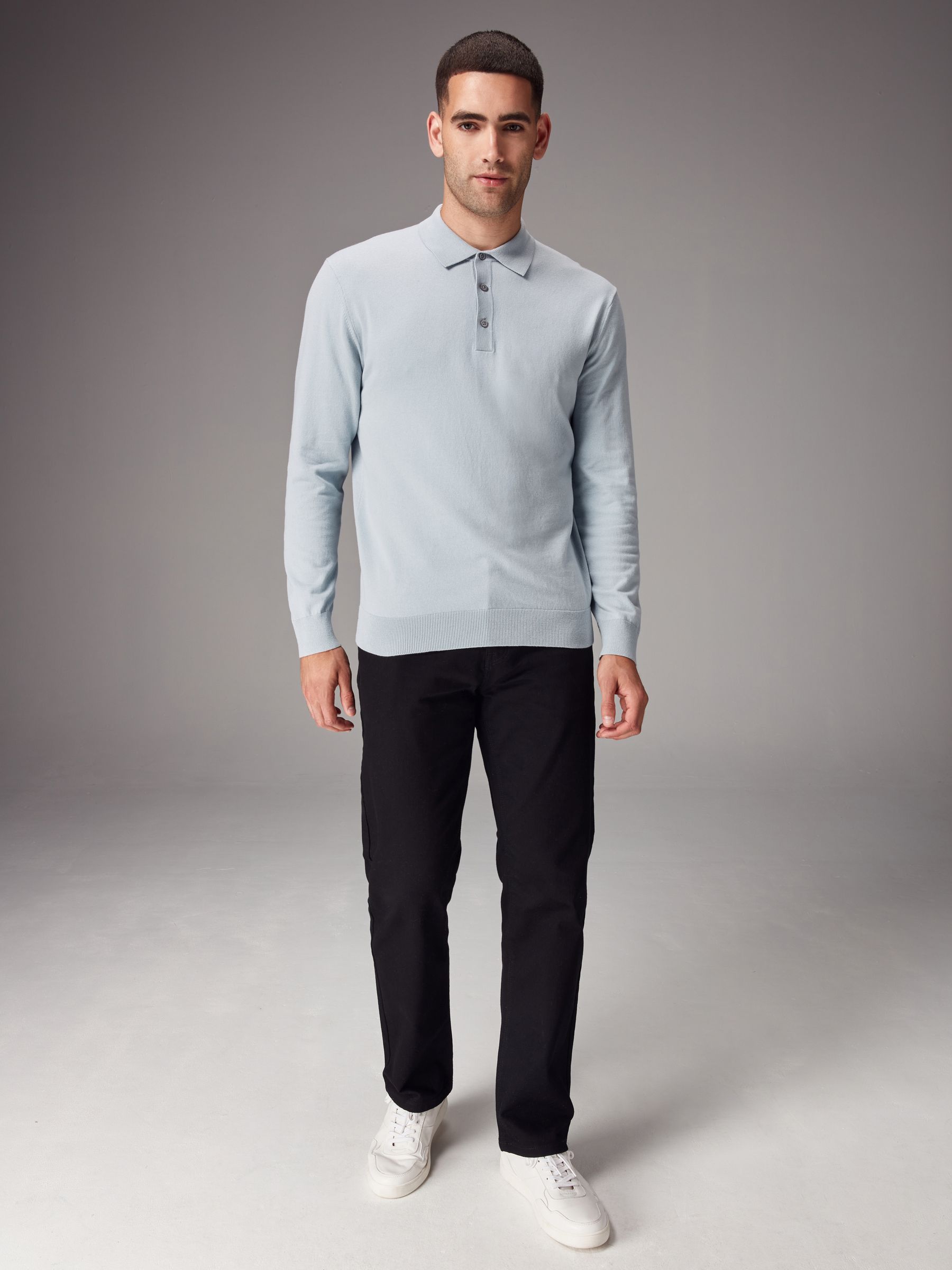 Buy Blue Light Regular Fit Knitted Long Sleeve Polo Shirt