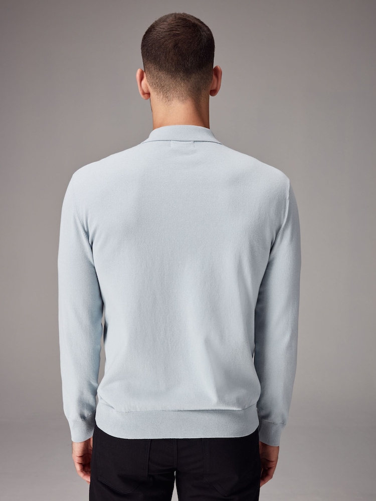Blue Light Regular Fit Knitted Long Sleeve Polo Shirt - Image 3 of 8
