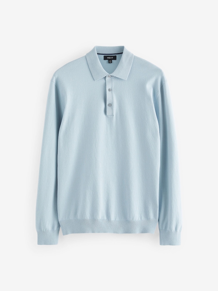 Blue Light Regular Fit Knitted Long Sleeve Polo Shirt - Image 6 of 8