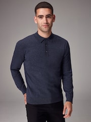 Blue Marl Regular Fit Knitted Long Sleeve Polo Shirt - Image 1 of 8