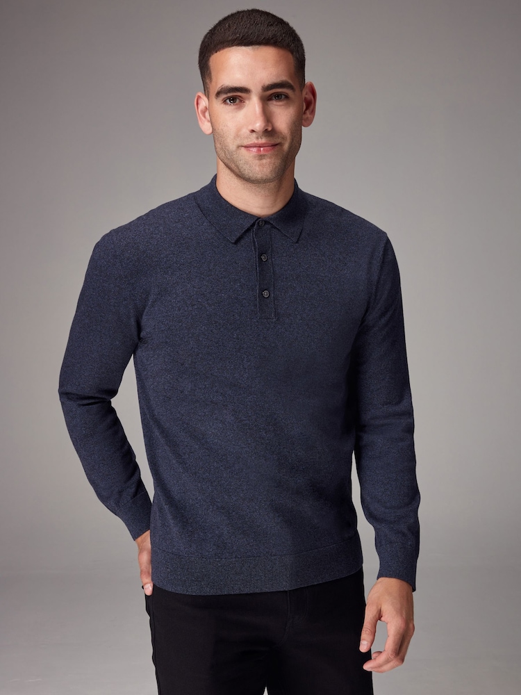 Blue Marl Regular Fit Knitted Long Sleeve Polo Shirt - Image 1 of 8