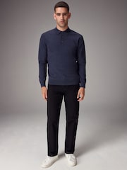 Blue Marl Regular Fit Knitted Long Sleeve Polo Shirt - Image 2 of 8