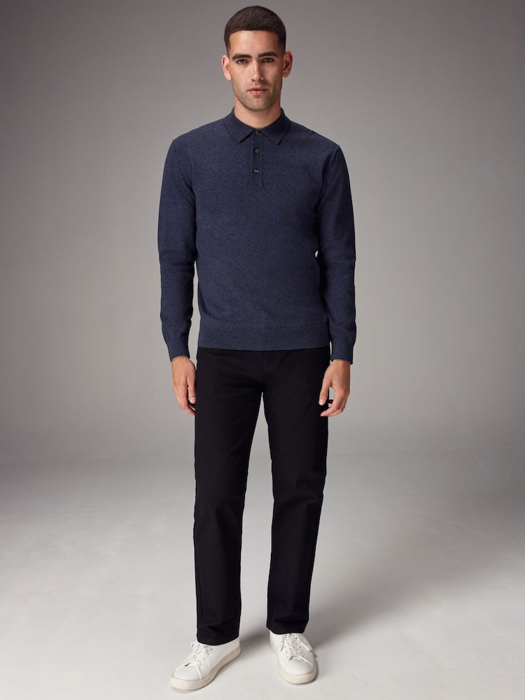 Blue Marl Regular Fit Knitted Long Sleeve Polo Shirt - Image 2 of 8