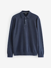 Blue Marl Regular Fit Knitted Long Sleeve Polo Shirt - Image 6 of 8