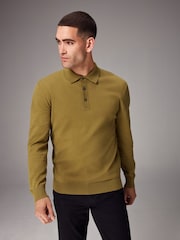 Green Olive Regular Fit Knitted Long Sleeve Polo Shirt - Image 1 of 7