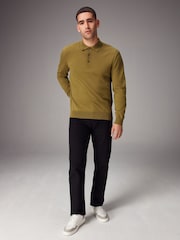 Green Olive Regular Fit Knitted Long Sleeve Polo Shirt - Image 2 of 7